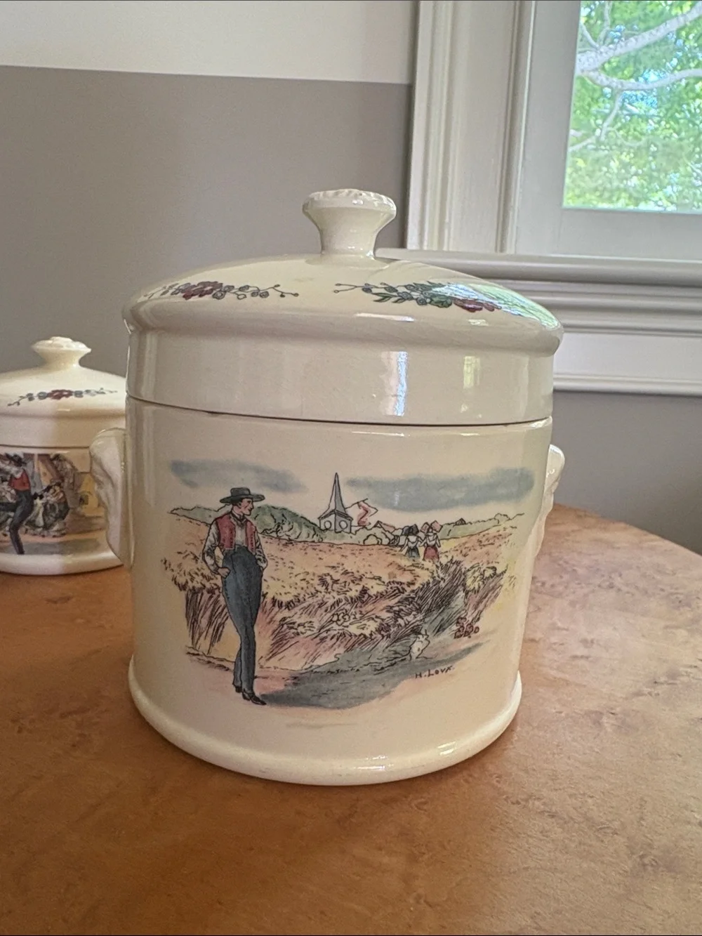 Vintage Illustrated Ceramic Canister Set — Cream with Multicolor Scene